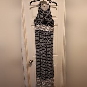 Harlow & Rose maxi spaghetti strap black and white geometric dress w/tassle ties